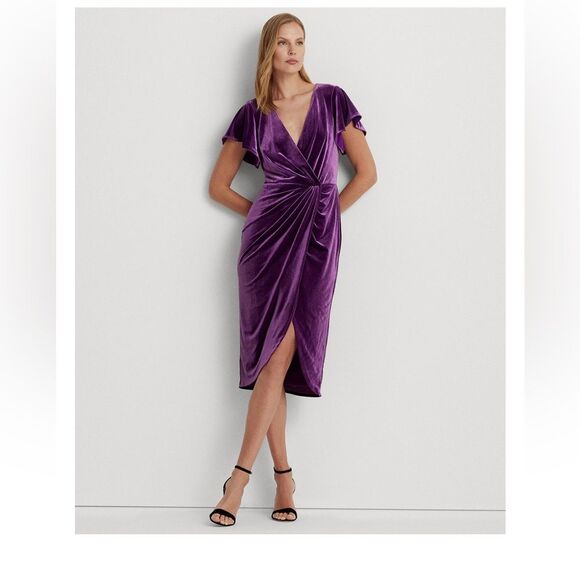 NWT Lauren Ralph Lauren Purple Velvet Wrap Dress Size 0 Small - Picture 1 of 8